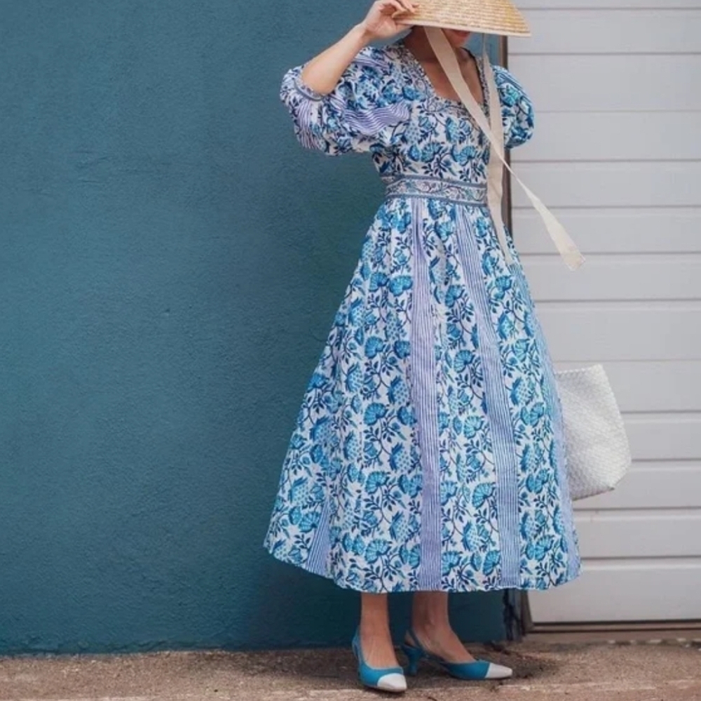 Cynthia Cazort Collins Floral Midi Dress size S/M Blue White - Picture 1 of 13